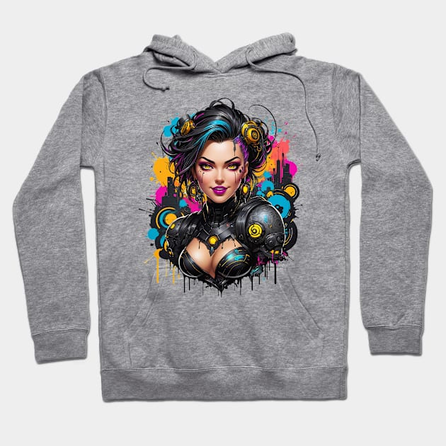 Futuristic Cyberpunk female warrior retro vintage poster design Hoodie by Neon City Bazaar